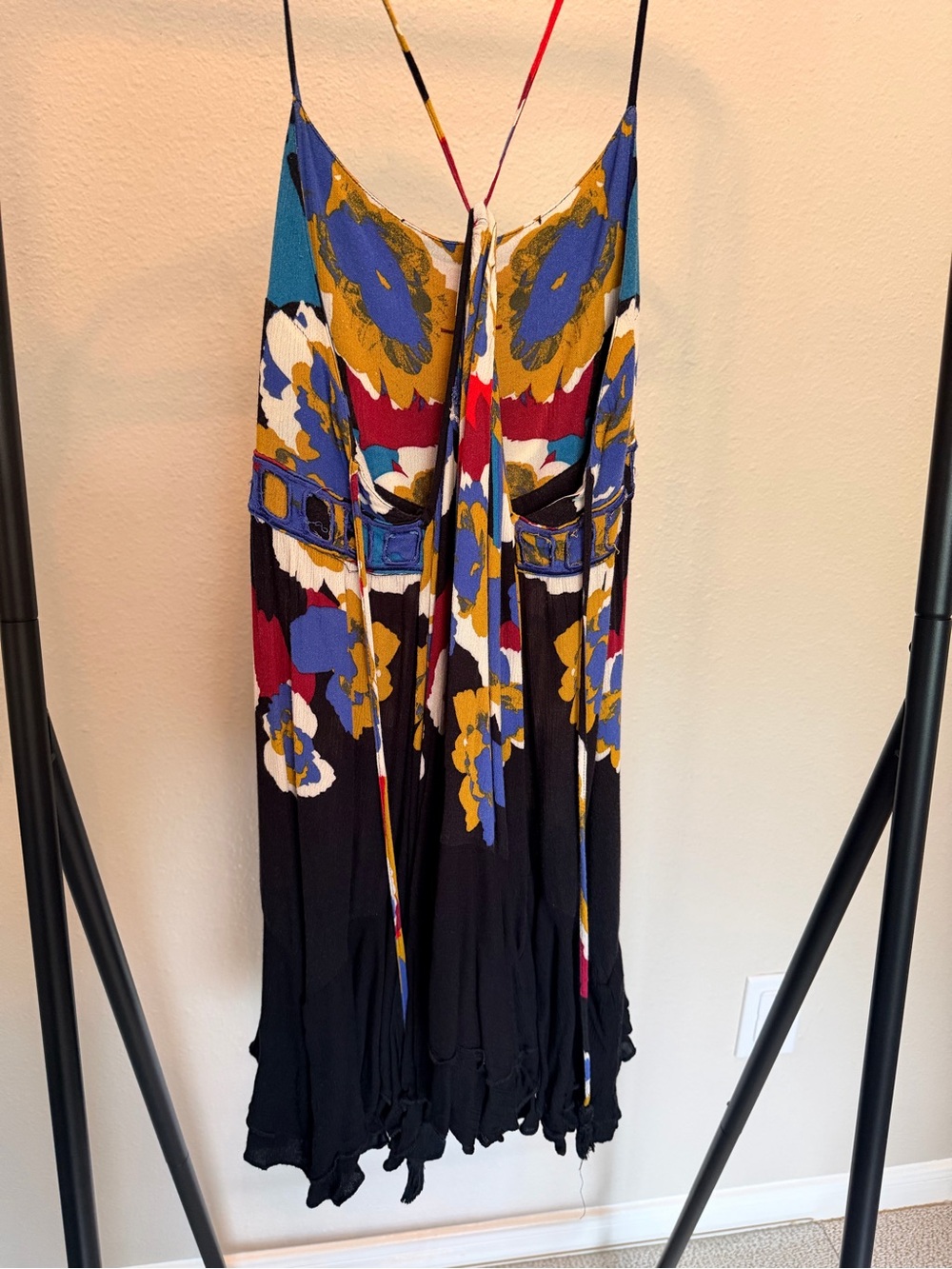 Free People Floral Print Black/Multi Color Spaghetti Strap Mini Dress Size XS - Picture 4 of 4